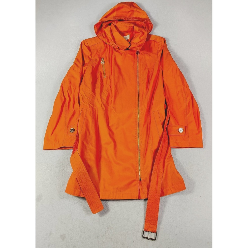 Michael Kors Raincoat Womens XL Orange Hooded Belted Trench Coat Zip MK Lined